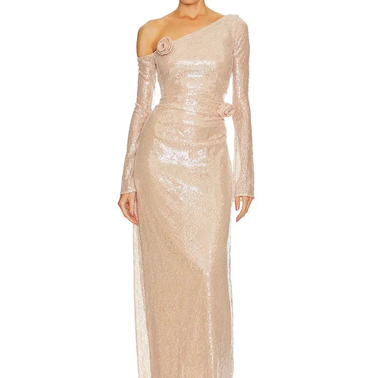 Chic Luxury Women Celebrity Sexy One Shoulder Beige Mesh Sequins Maxi Long Gowns Dress 2025 Elegant Evening Party Club Vestido