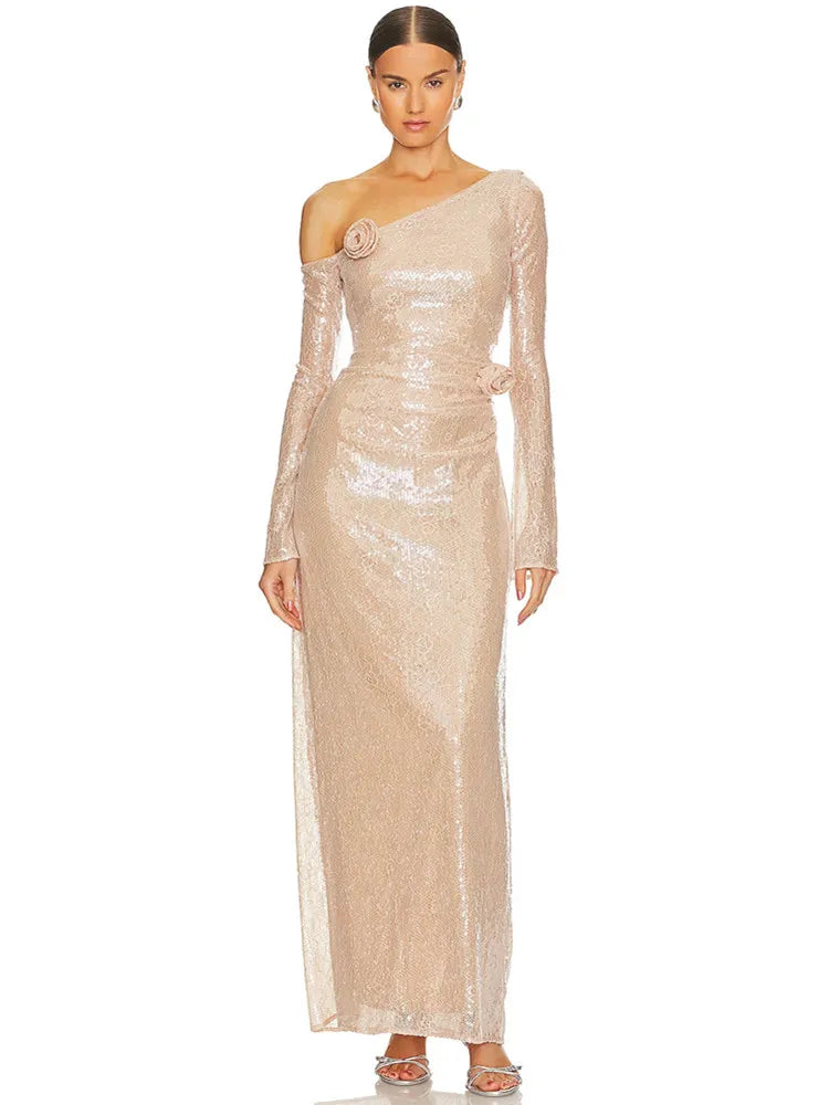 Chic Luxury Women Celebrity Sexy One Shoulder Beige Mesh Sequins Maxi Long Gowns Dress 2025 Elegant Evening Party Club Vestido