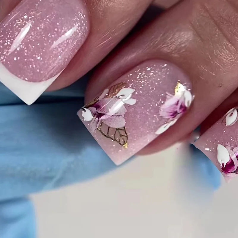 24Pcs Colorful Flowers Design Fake Nails Mid-length Ballet Press on Nails 3D Fashion Manicure Art Wearable Square False Nails