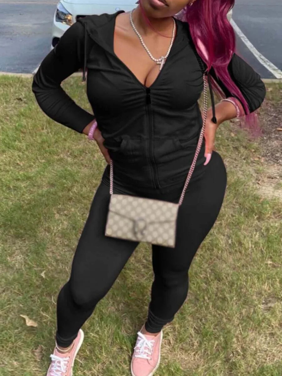 LW Plus Size Autumn Womens Kangaroo Long Sleeve Casual Tracksuit Set  Hooded Collar Pocket Design Two Piece Pants Set Outifits