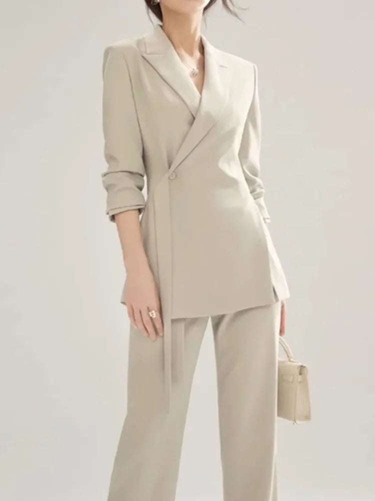 Office Lady Solid Women Suits 2 Pieces Chic Long Sleeve Blazer High Waist Straight Pants Vintage Sets Female Fashion Clothes