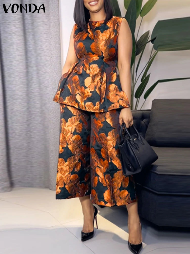 Plus Size 5XL VONDA Women Pant Sets Vintage Printed Sleeveless Satin Silk Tops and Elastic Waist Wide Leg Pants Sets 2pcs
