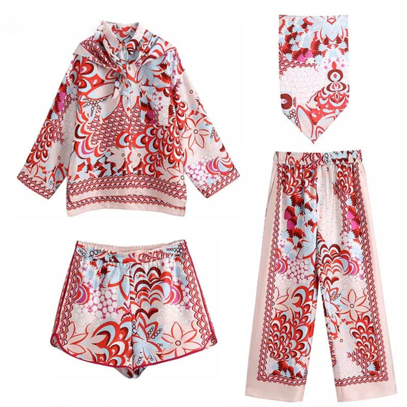 TRAF Woman Print Shirt Suit 2023 Spring Fashion Elegant Ladies Pants Set Lady Vinatge Beach Suits Two Pieces Sets