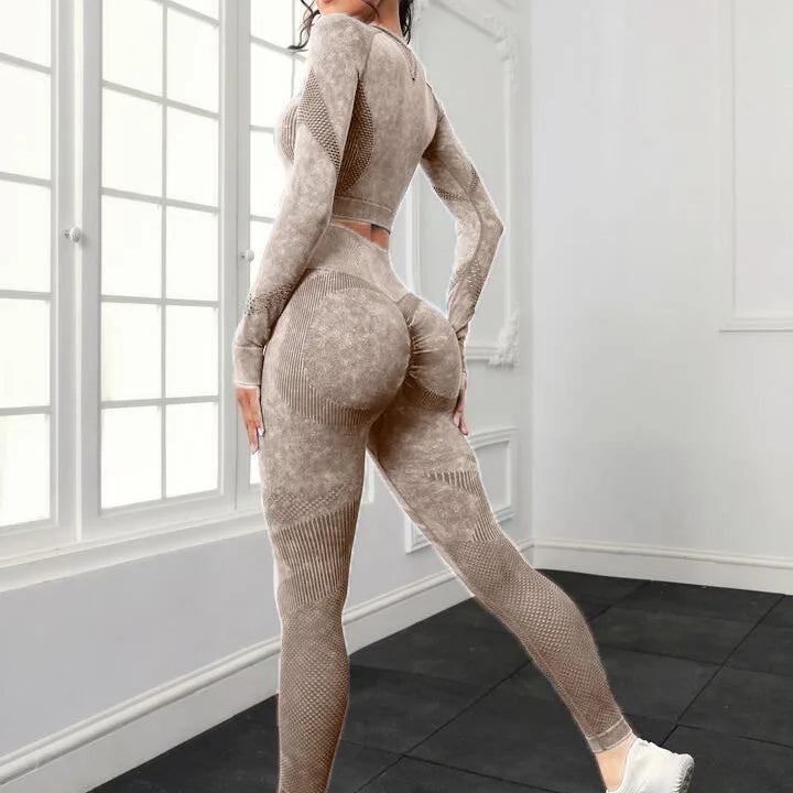 Seamless Yoga Sets Women Workout Sportswear Gym Clothing Long Sleeve Crop Top High Waist Leggings Workout Fitness Sports Suits Khaki