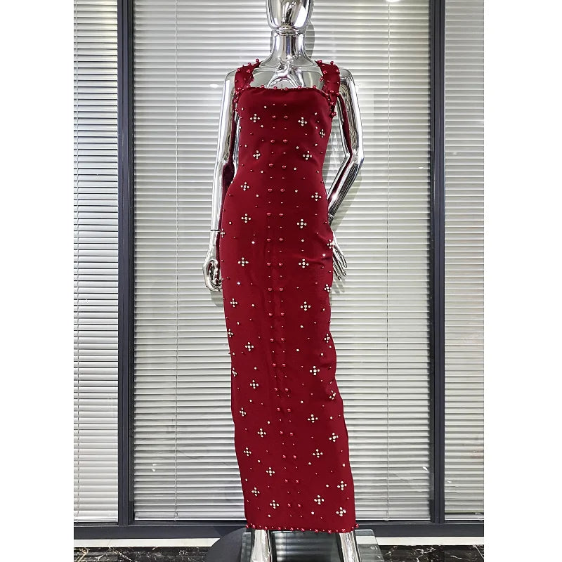 Luxury Shining Diamond Pearl Beading Halter Ankle Length Bandage Dress Elegant Woman Evening Party Vestido Birthday Party Outfit