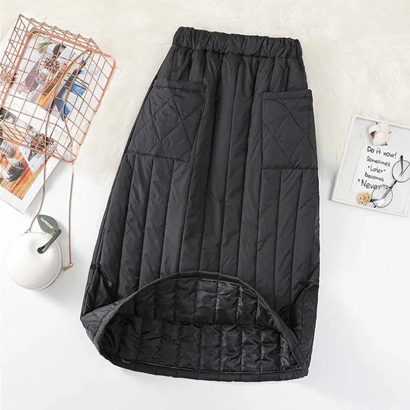 Women'S Skirts Fashion Winter High Waist Skirt New Windproof And Warm Zipper Down Cotton Skirt Large Size Black Skirt