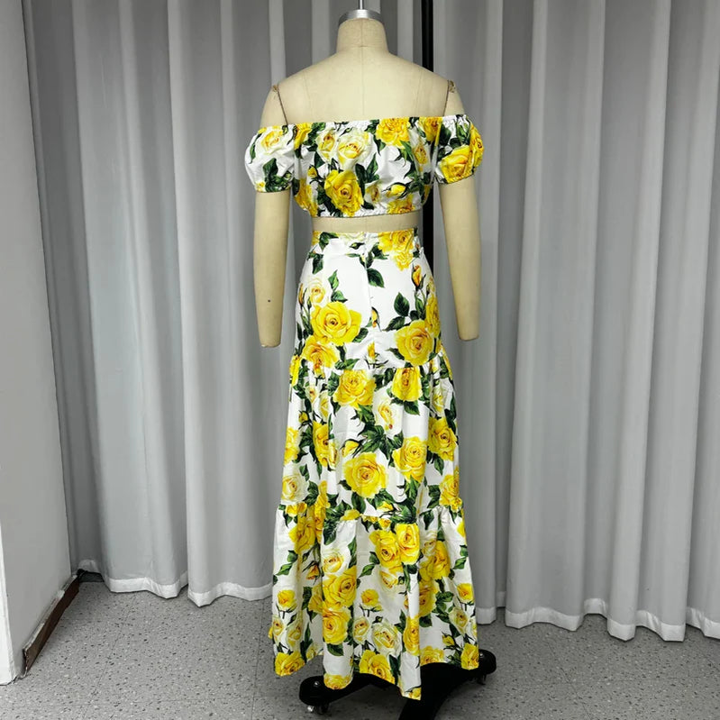 Wefads 2 Piece Set Women Stylish Floral Elegant Printed Puff Sleeve High Waist Off Shoulder Top Loose Pleated Long Skirt Sets