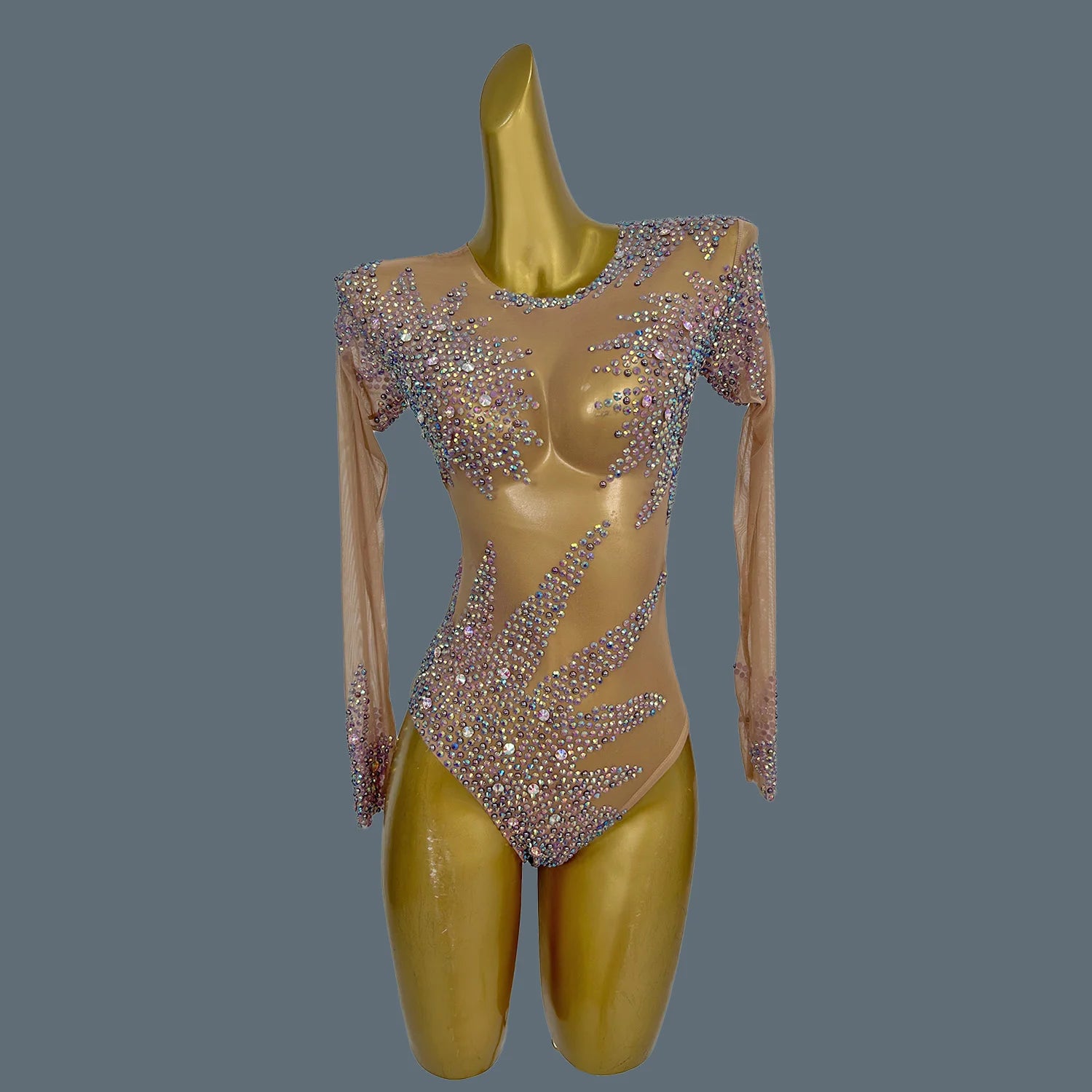Sparkly Purple Crystals Diamonds  Bodysuit Luxury Sexy Mesh Dancer Stage Costume Night Club DS Celebrate Women Outfit Ziluolan