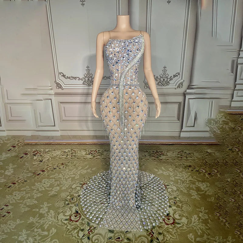 High Quality Super Shining Crystal Mesh See Through Floor Lenght Dress Woman Birthday Party Dress Stage Performances Costume