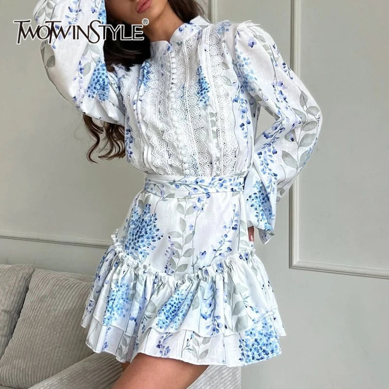 TWOTWINSTYLE Hit Color Spliced Printing Elegant Dresses for Women High Waist Long Sleeves Patchwork Ruffles Folds Dress Female