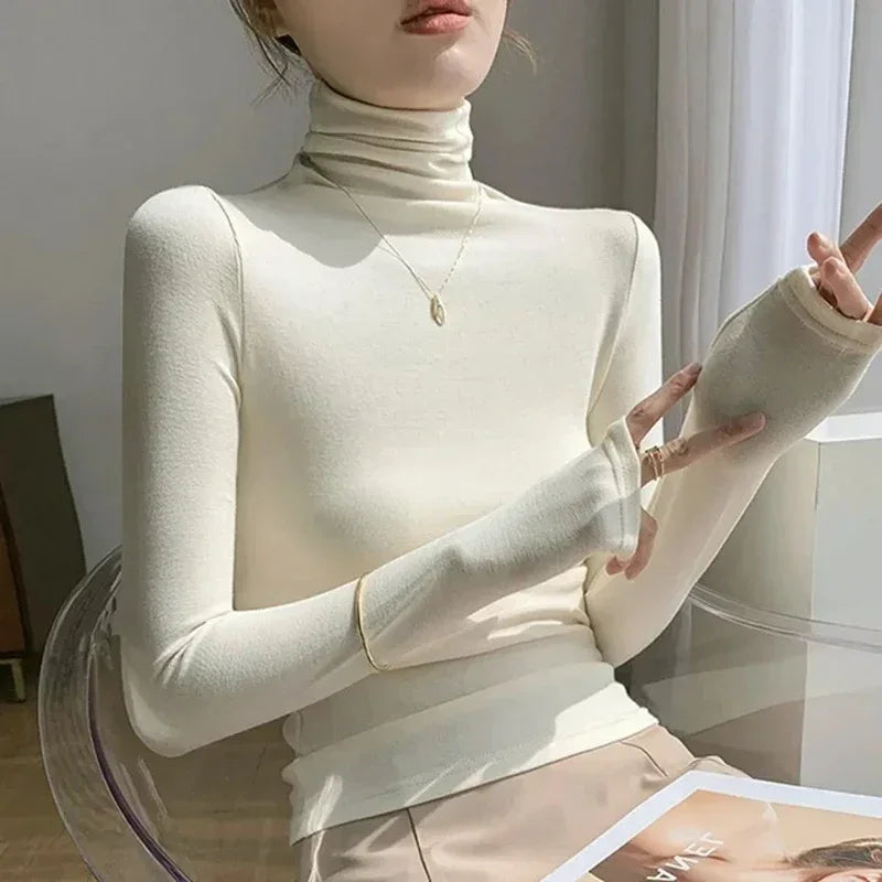 Turtleneck Undershirt Thin Velvet Slim Solid Color Women's Long Sleeved Pullover Simple Casual Korean Fashion Autumn Winter white