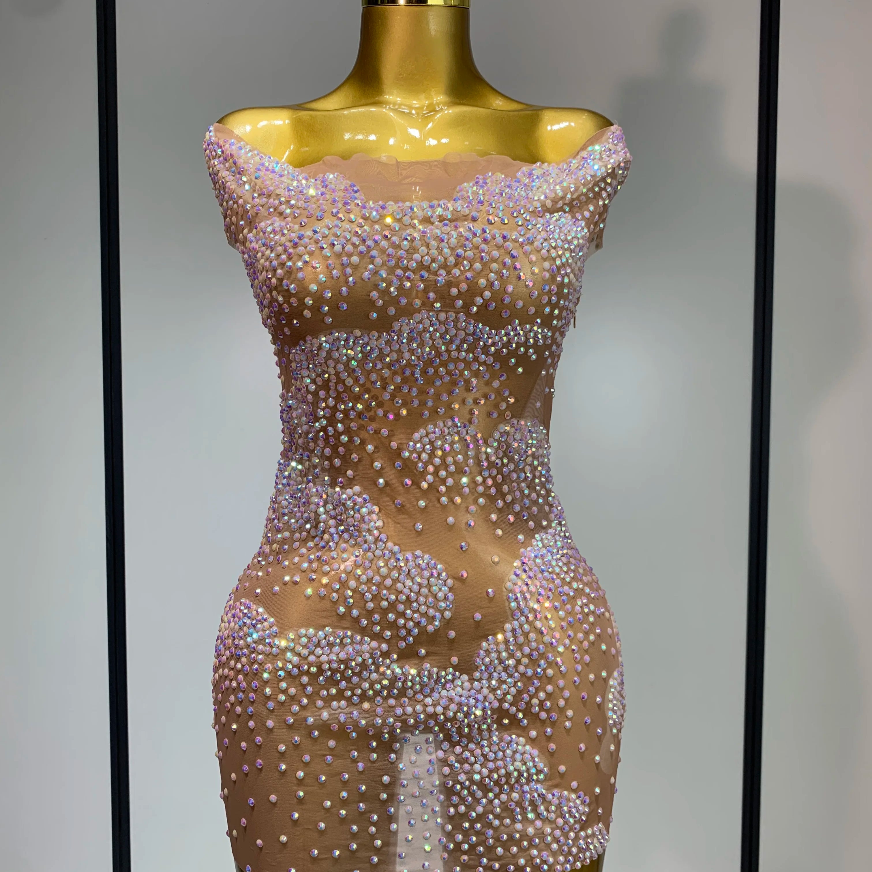 Women Sexy Mesh See Through Mini Dress Celebrate Birthday Evening Party Dress Luxury Rhinestones Stage Performance  Costume