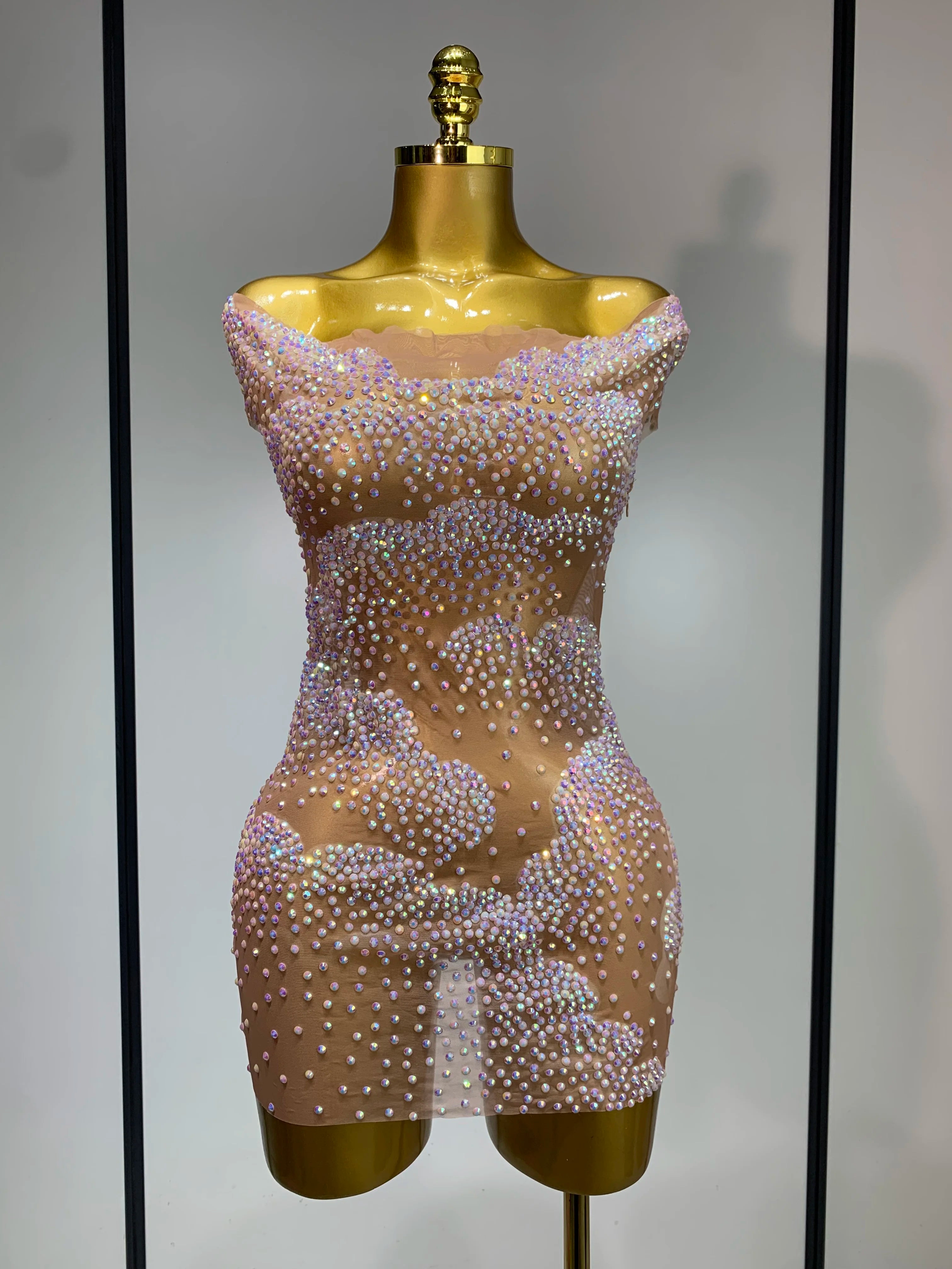 Women Sexy Mesh See Through Mini Dress Celebrate Birthday Evening Party Dress Luxury Rhinestones Stage Performance  Costume