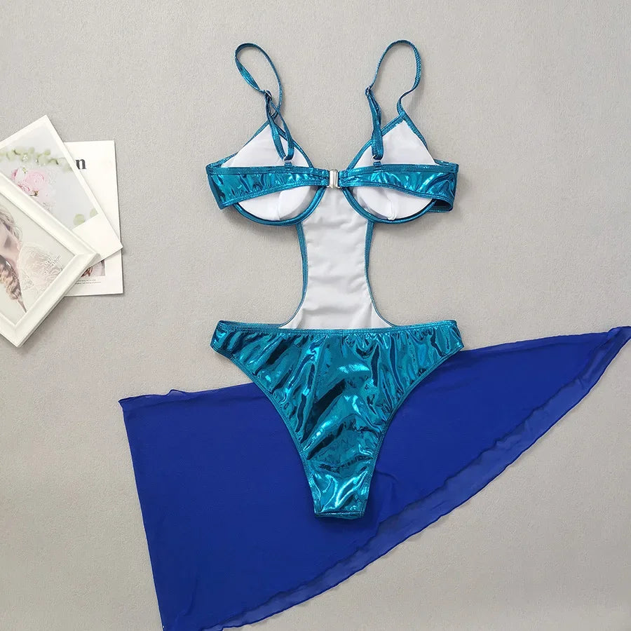 Blue Shiny High Waist Bikini, Hollow Out 2 Piece Gauze Skirt Swimsuit,summer Beach Vacation Backless Bathing Suit Swimwear