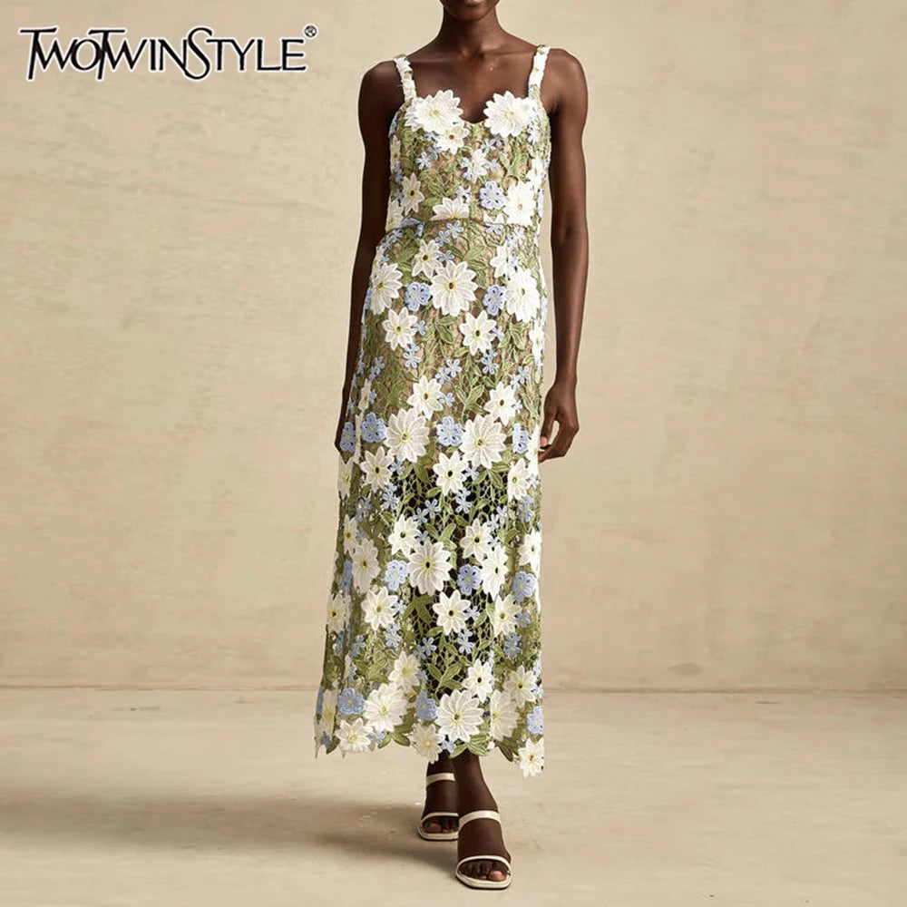 TWOTWINSTYLE Colorblock Slimming Fashion Midi Dresses for Women Square Neck Sleeveless Patchwork Applique Dress Female Clothing