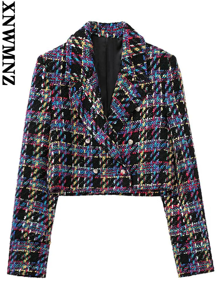 Women's jacket fashion double-breasted tweed cropped blazer vintage long sleeve female outerwear chic veste femme