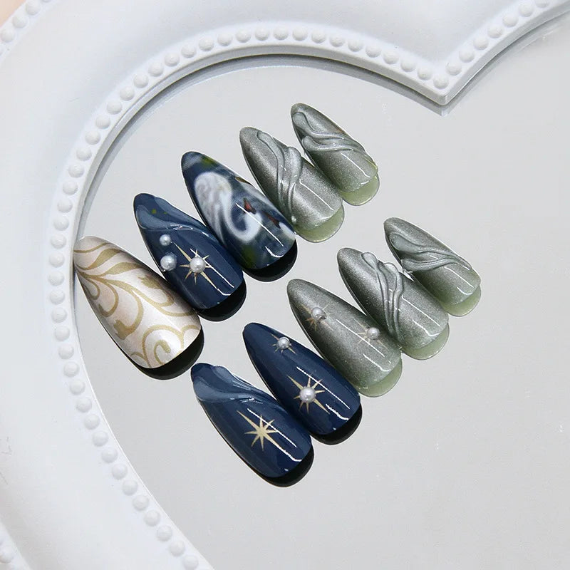 24pcs Dark Blue Press on Nails Starnight Swan Print Sweet Cool False Nails for Girl Wearable Reusable Almond Fake Nail Tips
