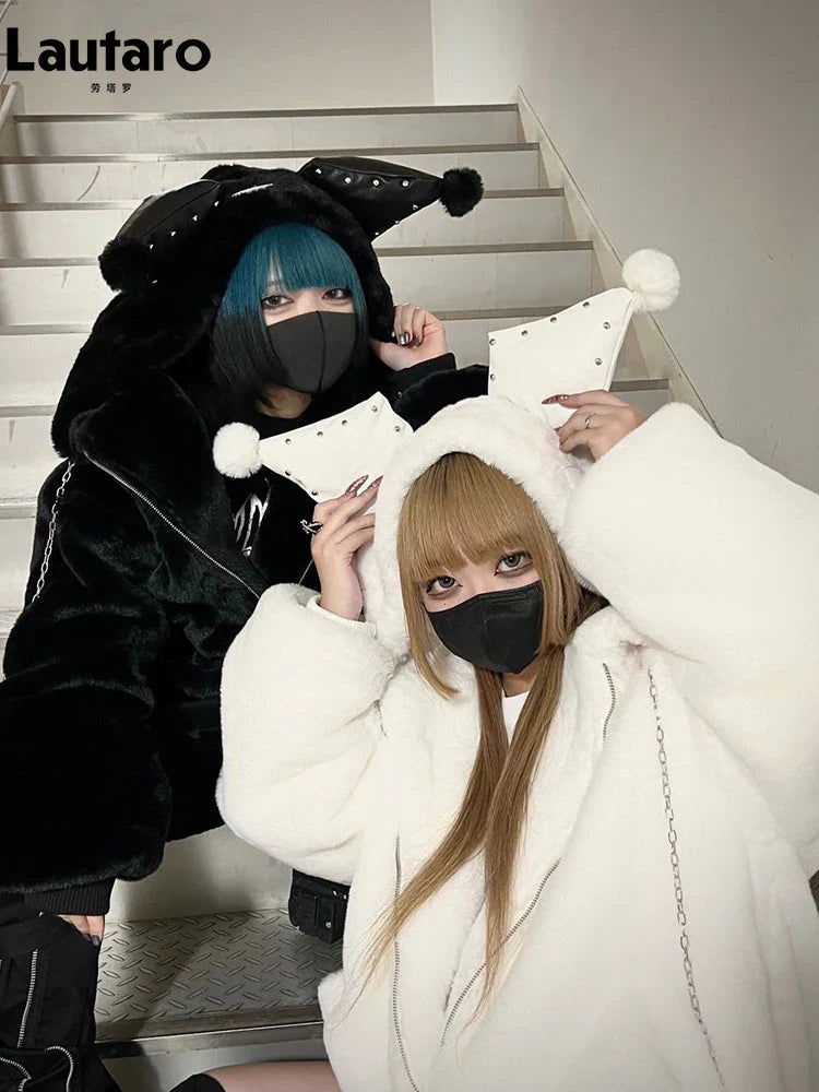 Winter Oversized Warm Thick White Faux Fur Coat Women with Hood Sweet Cute Kawaii Japanese Style Fashion Fluffy Jacket