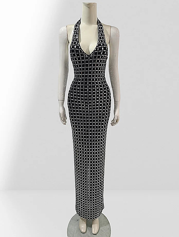 Super Sparkling Diamonds Sexy See Through Mesh V-Neck Sheath Ankel Length Dress Fashion Woman Party Dress Birthday Party Outfit