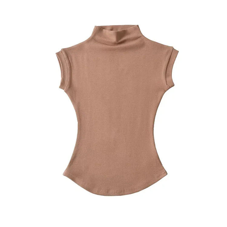 Women Summer Sexy Turtleneck Sleeveless T-Shirts Tops Solid Slim Fit Pullovers Causal Tees Shirts Female Streetwear Basics Tees Coffe