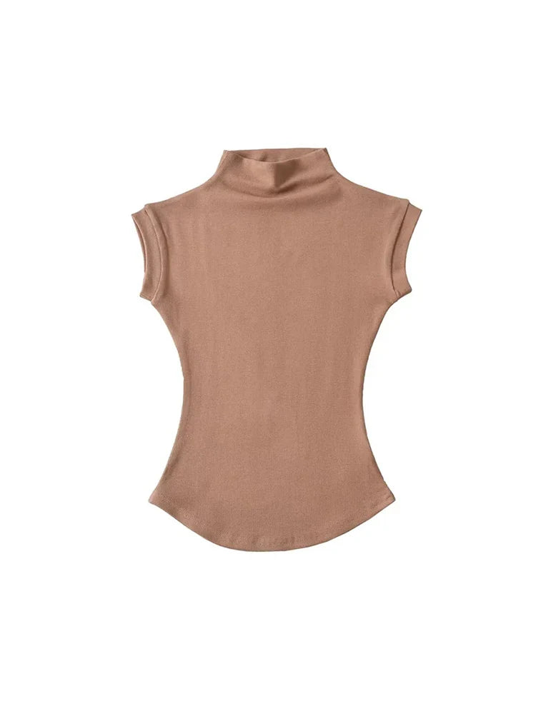 Women Summer Sexy Turtleneck Sleeveless T-Shirts Tops Solid Slim Fit Pullovers Causal Tees Shirts Female Streetwear Basics Tees Coffe