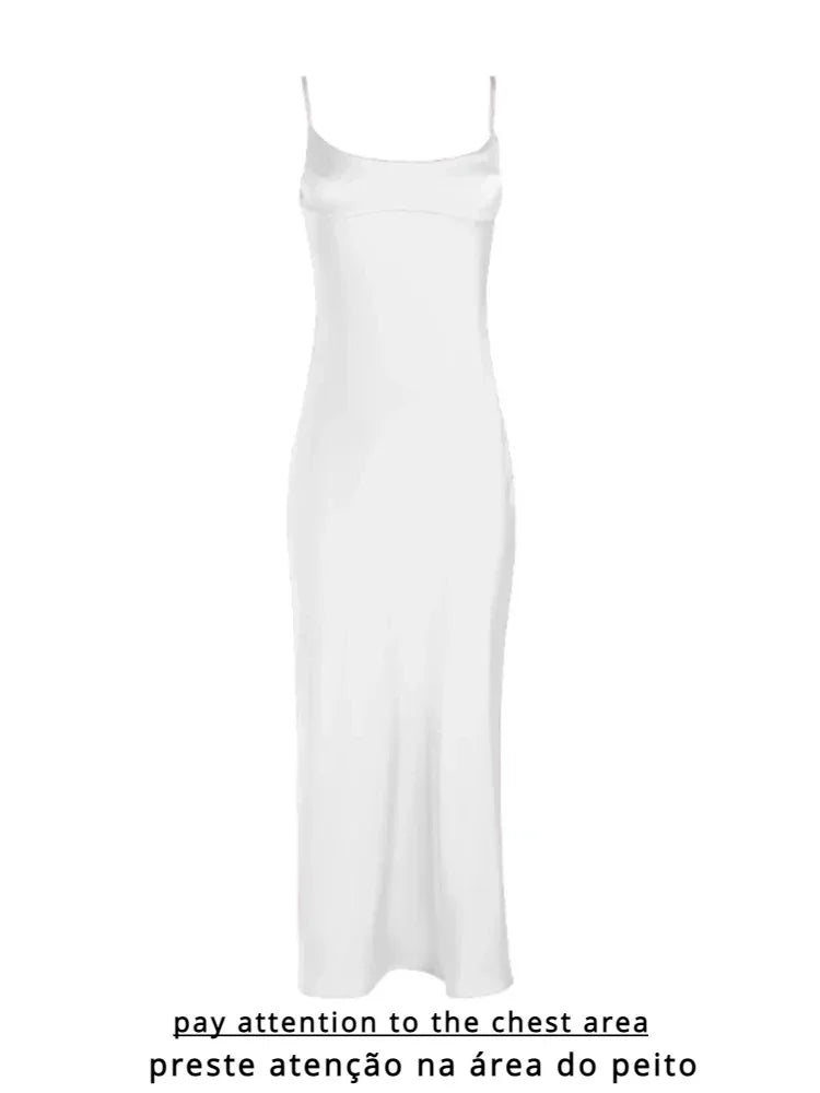 Suninheart Mid-calf Satin Dress Elegant Pink Sexy Sleeveless Cut Out Party Dresses Casual Holiday Birthday Women Clothing