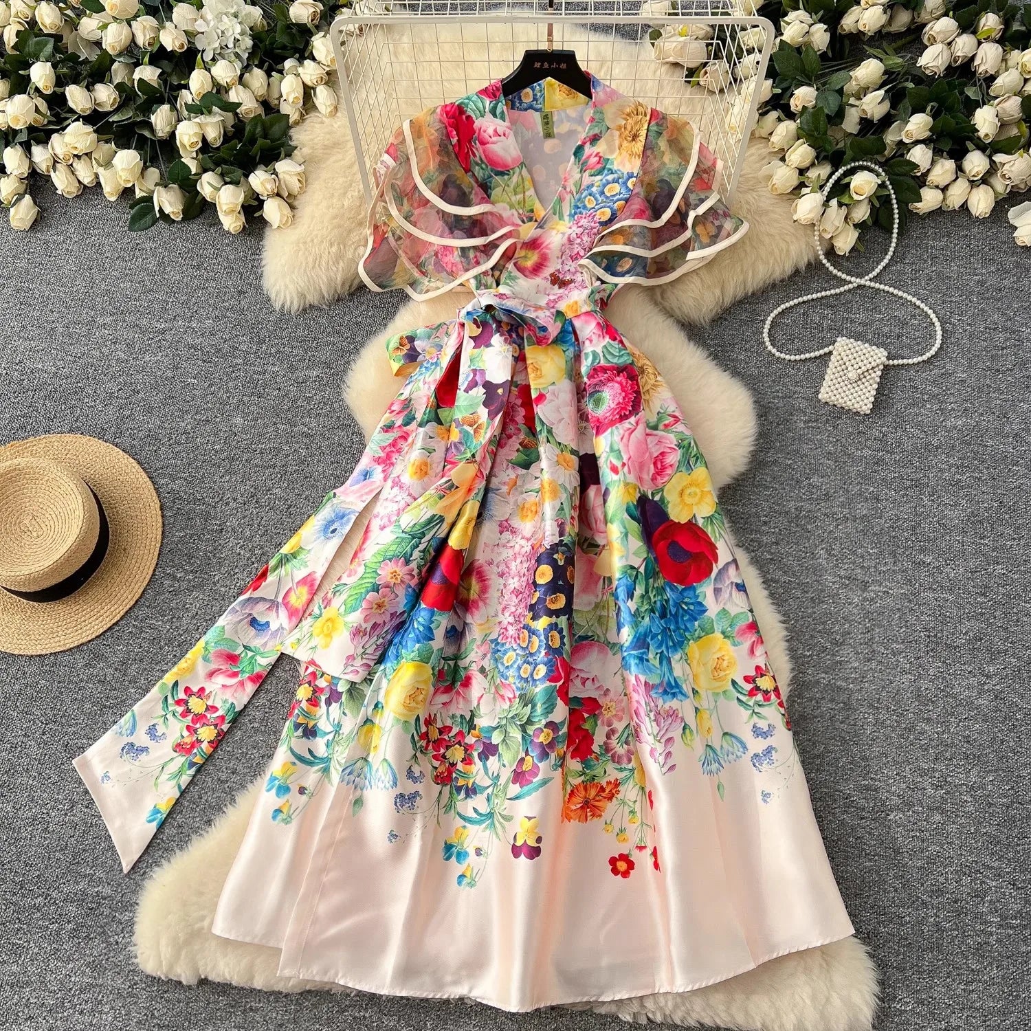 Summer Bohemian Gorgeous Flower Long Dress Women V-Neck Layer Mesh Sleeve Floral Print Bandage Lace Up Robe Vestidos Clothes