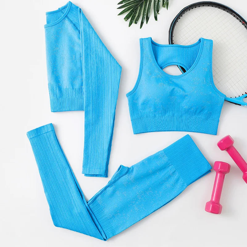 Rid Seamless Yoga Set Women 2pcs Two Piece Long Sleeve Crop Top T-Shirt Leggings Outfit Clothes Gym Wear Fitness Suit Sport Sets 3pcs Blue Set