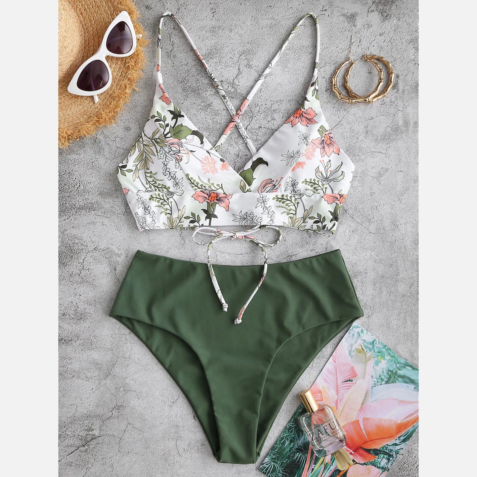Summer Womens 2 Piece Swimsuits Floral Printed Spaghetti Strap Swim Top High Waisted Bikinis Sets Female Beach Bathing Suit Green