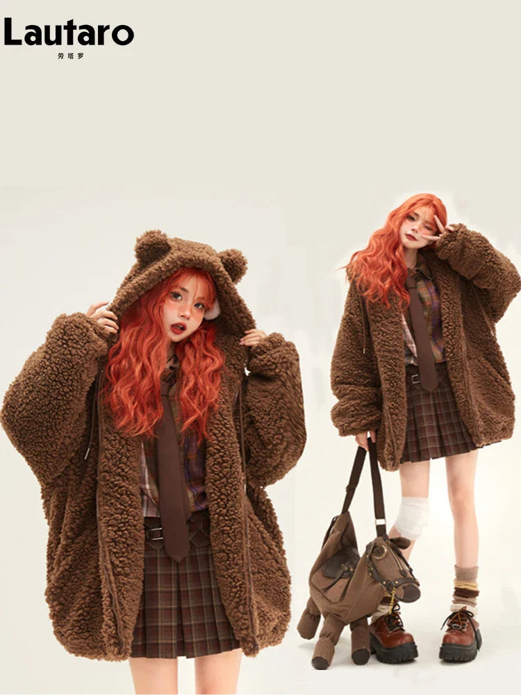 Lautaro-Kawaii Faux Fur Hoodie with Bear Ears for Women, Fluffy Sherpa Jacket, Oversized, Brown, Warm, Fuzzy, Sweet, Cute, Winte Brown