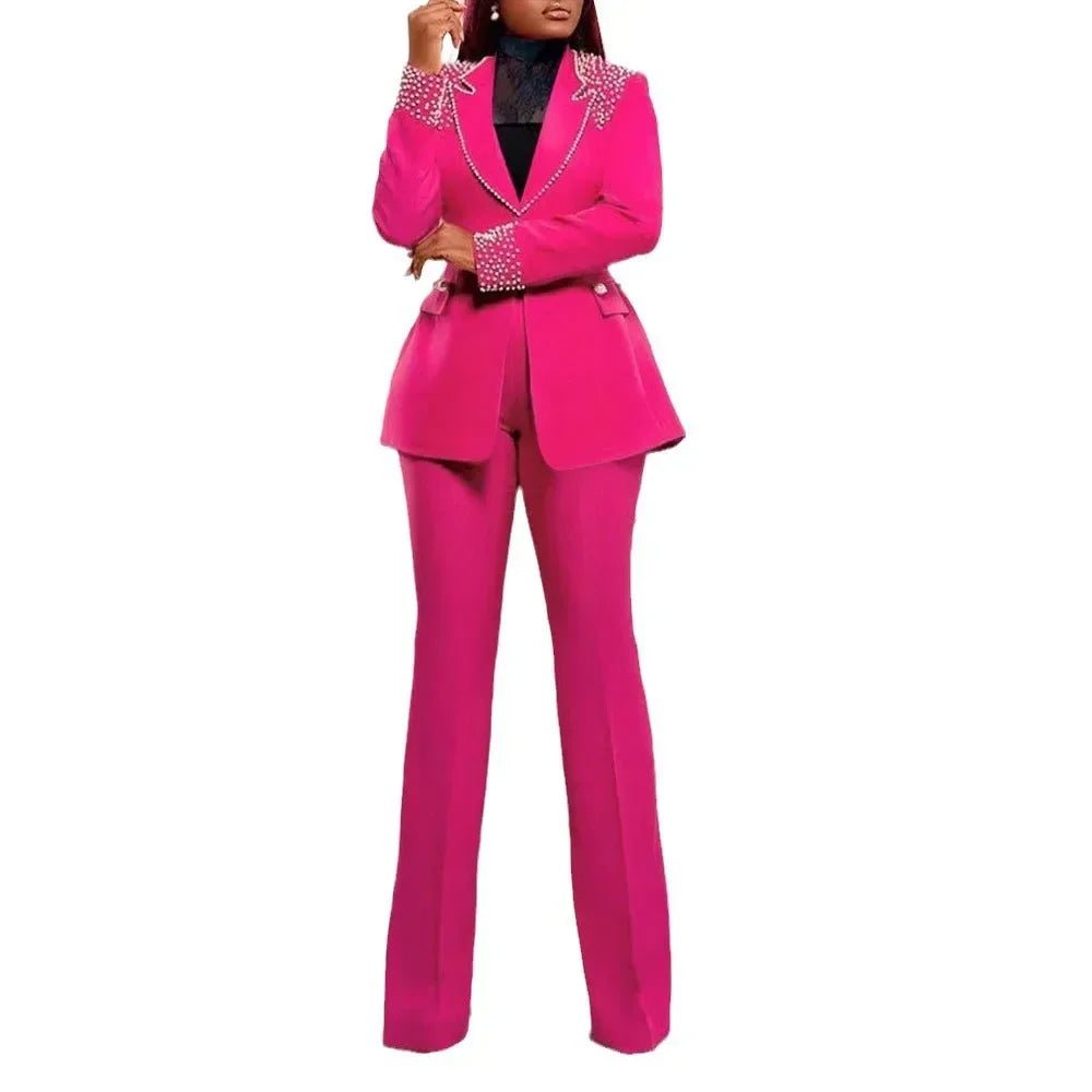 CM.YAYA Fashion Pearl Splicing Women's Set Long Sleeve Blazer and Wide Leg Pants Suit 2024 Winter OL Fall Two 2 Piece Set Outfit Rose Red