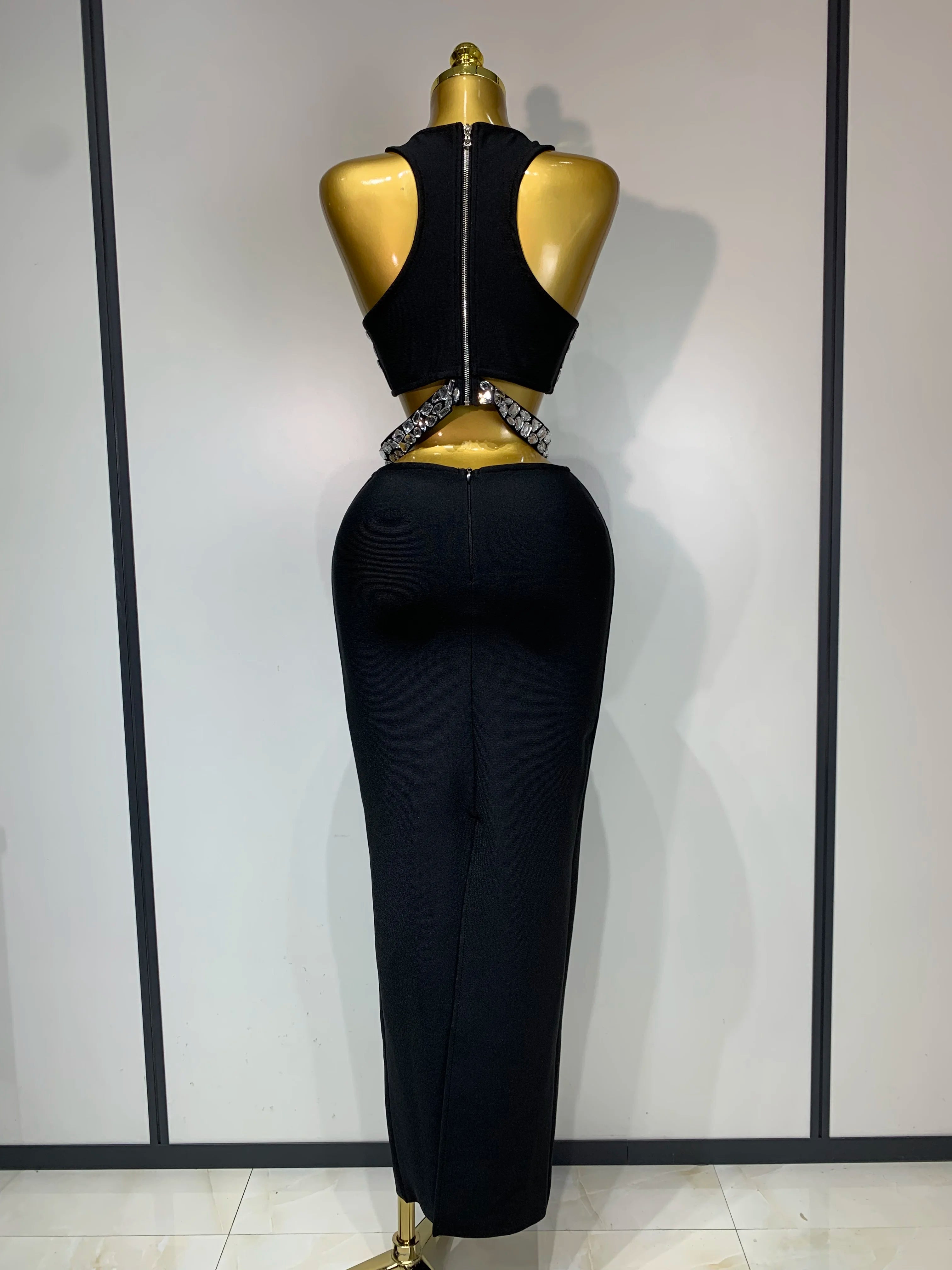 Sparkly Crystal Bodycon Long Bandage Dress 2025 Women Sexy Top Two Pieces Set Nightclub Elegant Party Birthday Stage Costume