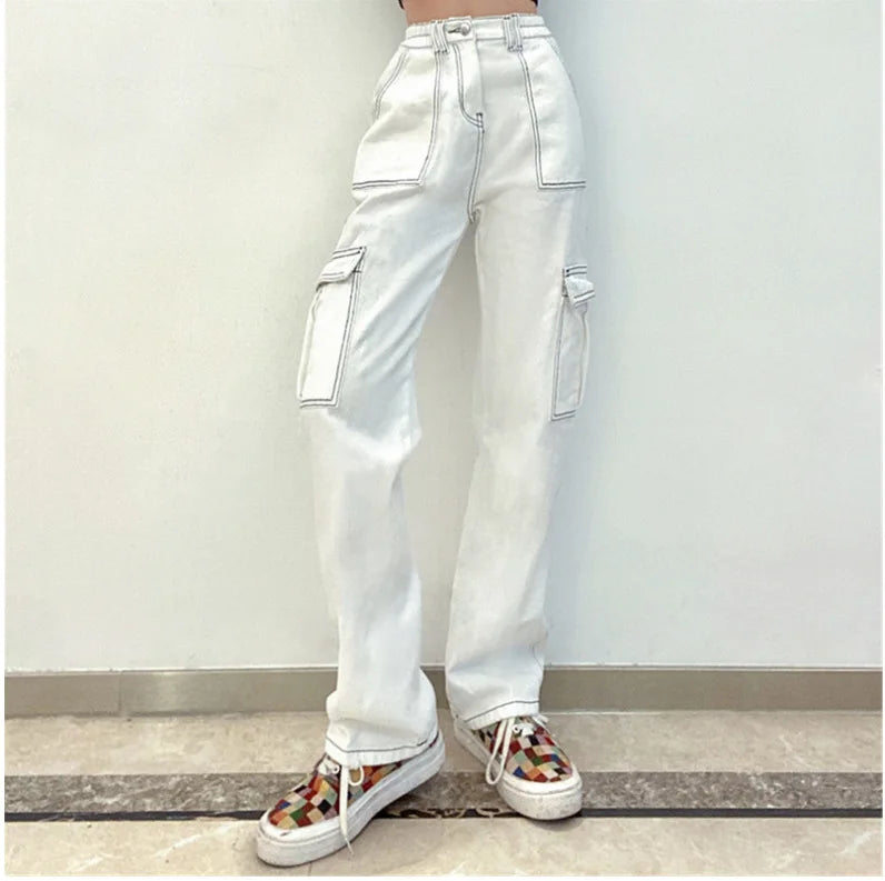 High Waisted Jeans Fashionable Loose Fit High Waist Straight Leg Jeans with Multiple Pockets for Women Baggy Jeans WHITE