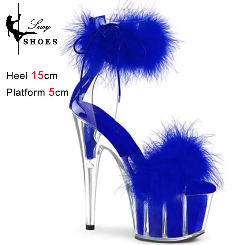 New Cover Heels Buckle Strap Women Sandals Platform Open Toe Color Feather Bride's Wed-ding Shoes Stripper Nightclub Party Heels