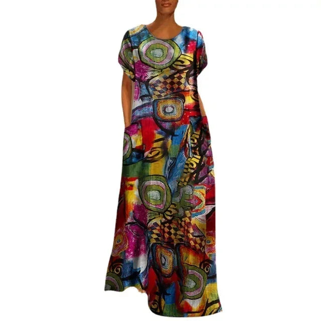 New Short Sleeve Long Retro Print Dress Pocket Large Casual Dress