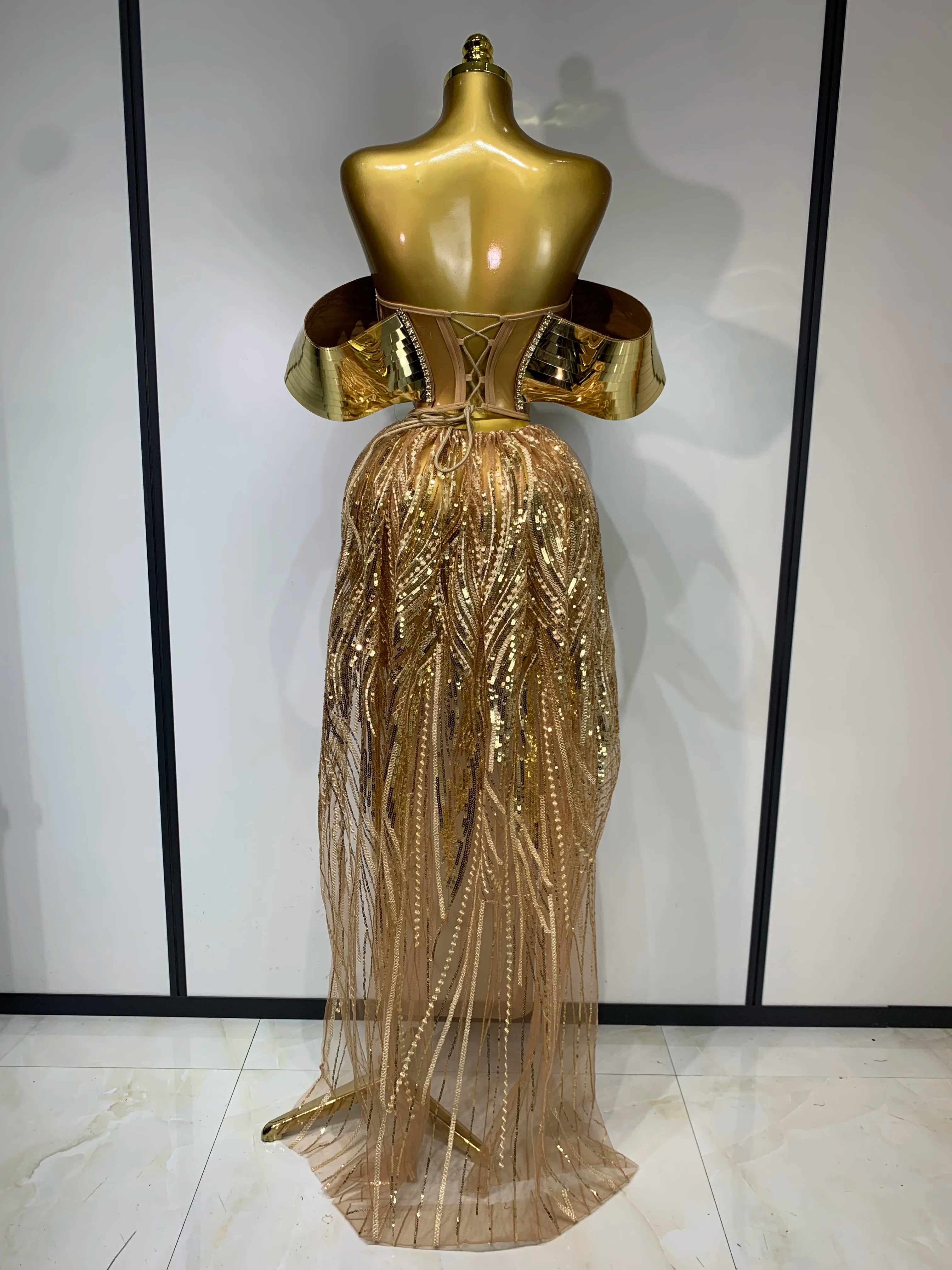 Sparkly Gold Long Dress Luxury Rhinestone Sequins See Thourgh Birthday Gown Sexy Off Shoulder Performance Singer Costume