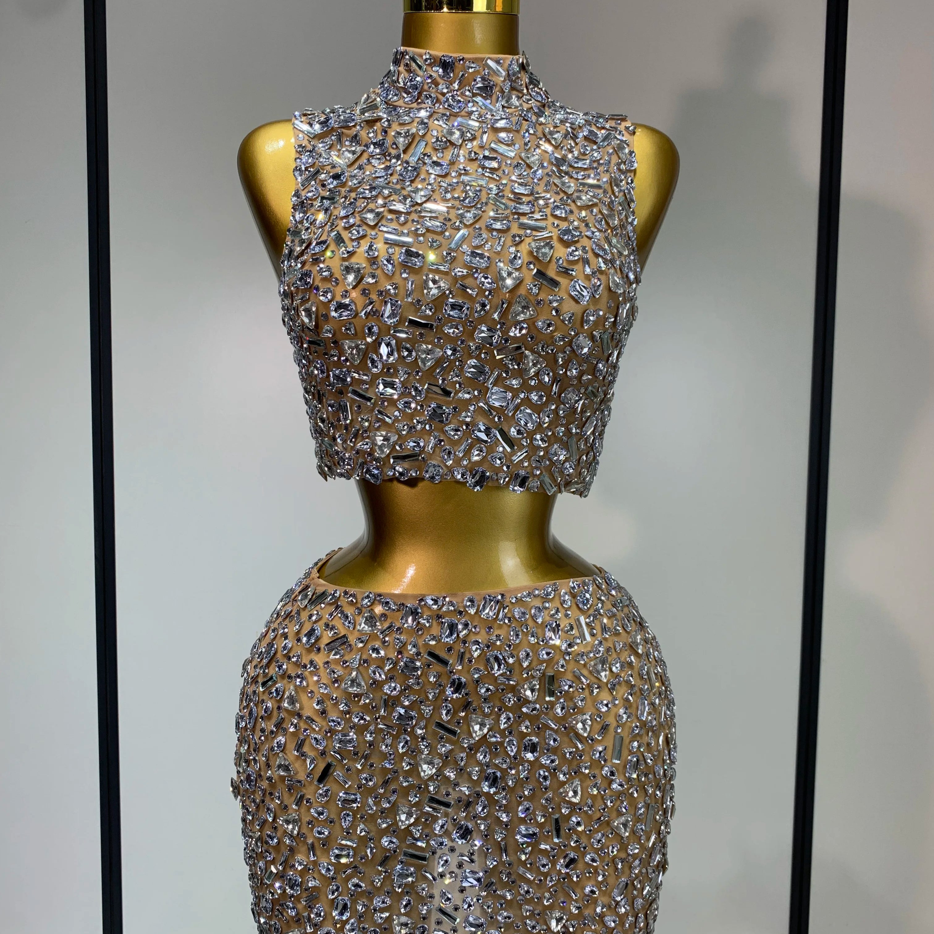 High Quality Sparkling Rhinestone Sexy See Through Blackless Top Skirt Two Pieces Set Woman Luxury Birthday Evening Party Gowns