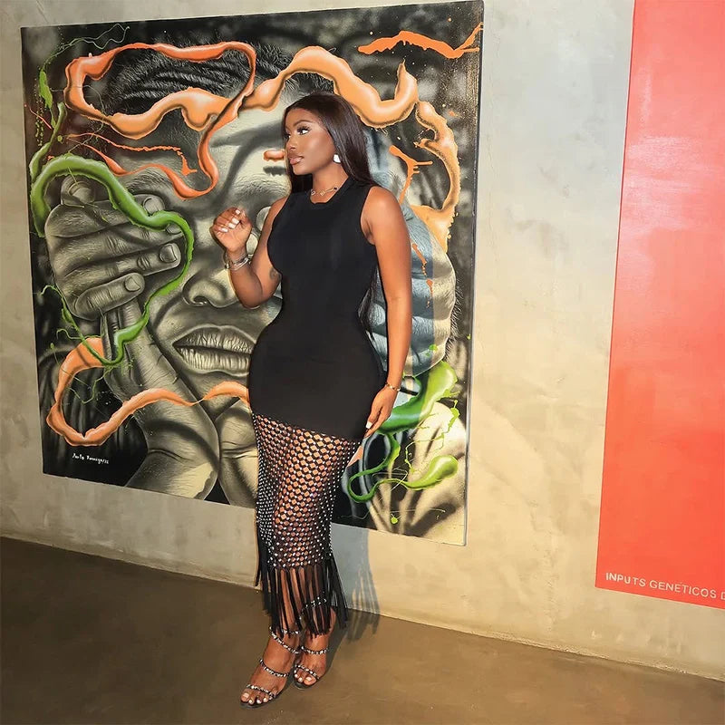 Women Sleeveless Sexy O-Neck Shinning Rhinestones Bodycon Long Bandage Dress Nightclub Party Celebrate Evening Wear