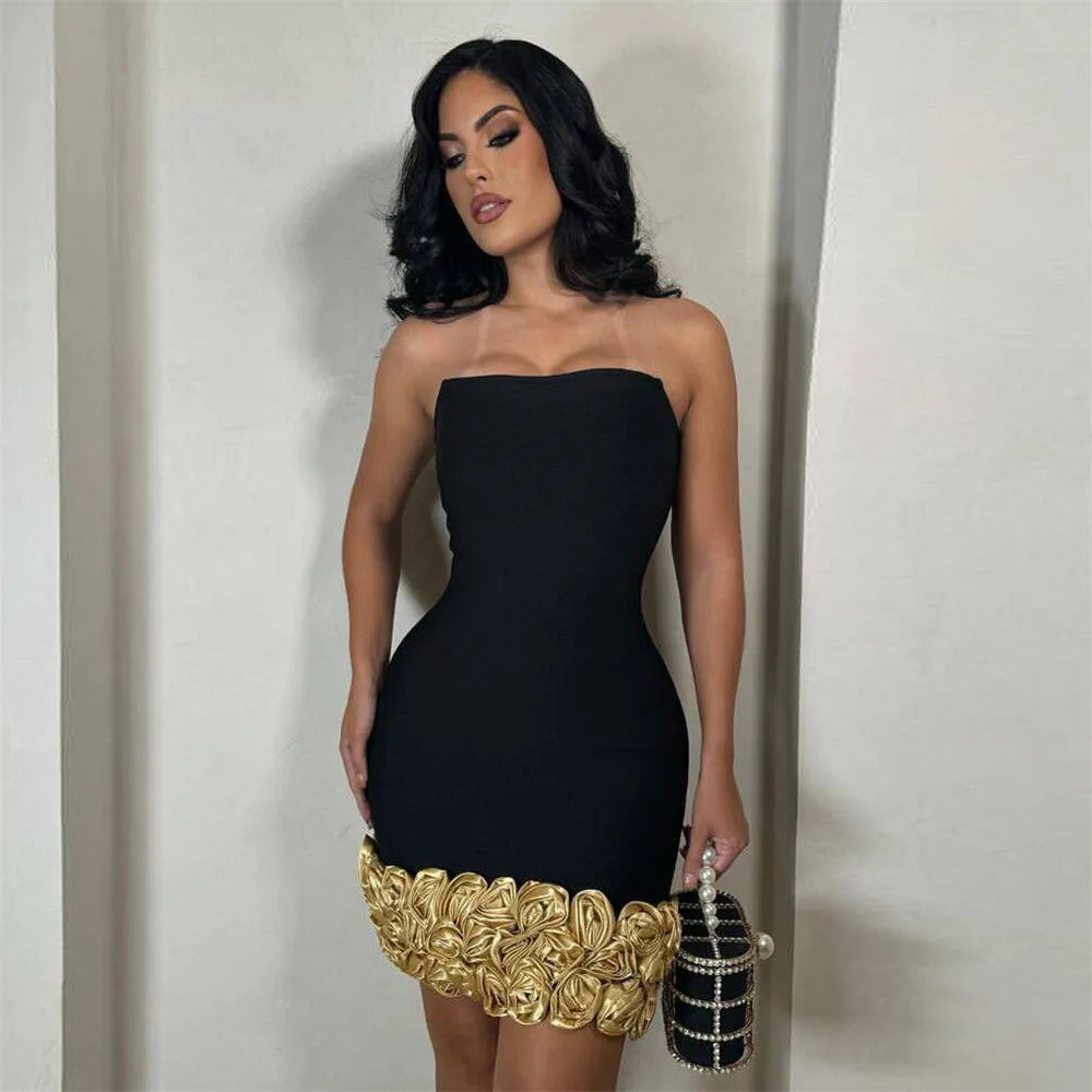 New Style Women Sexy Strapless Off teh Shoulder Golden Florals Bodycon Mini Bandage Dress Celebrate Nightclub Party Wear