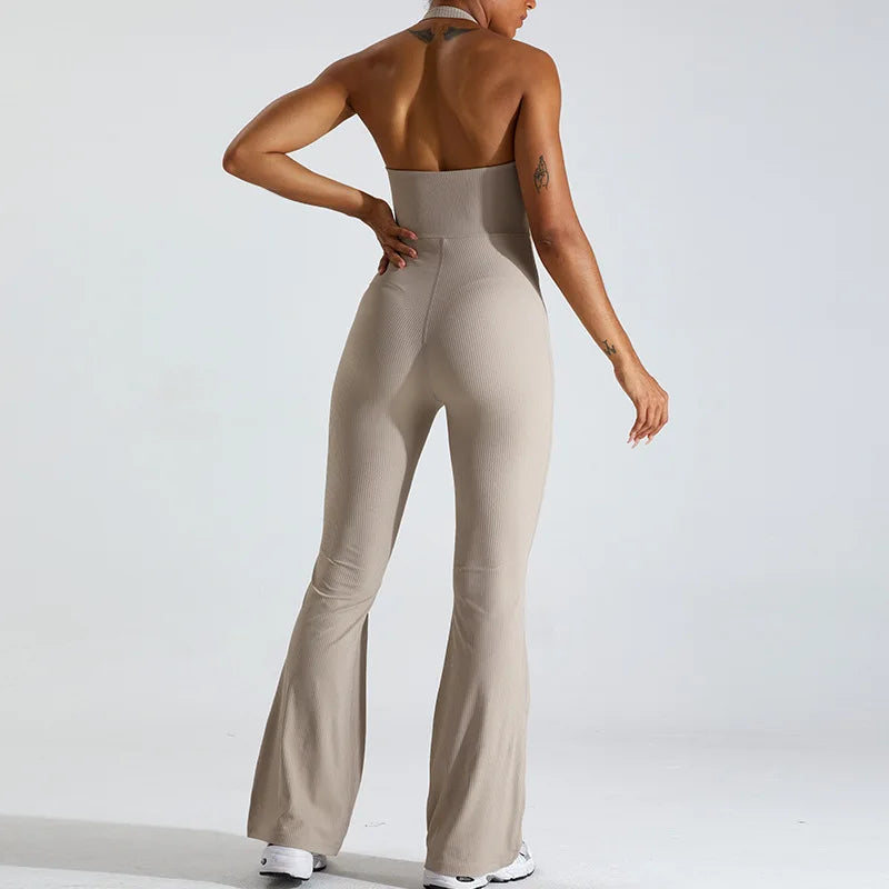 Women's Sportswear Hanging Neck Without Sleeves Yoga Suit Gym Push Ups Fitness Workout Bodysuit Quick Drying Yoga One Piece light khaki CHINA