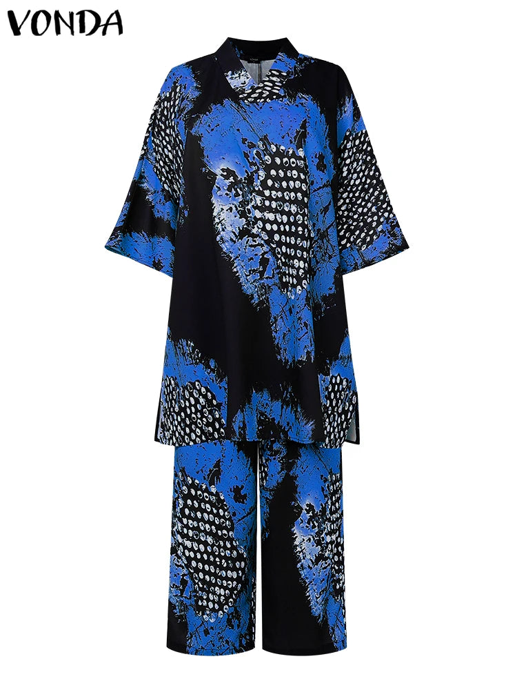 Plus Size 5XL VONDA Women Vintage Pant Sets Print Long Top and Wide Leg Pants Casual Loose 2pcs Two-piece Summer Bohemian Outfit