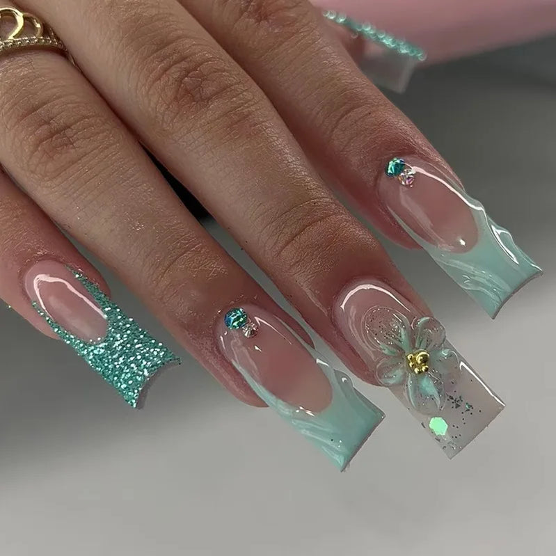 24pcs/Box Press on Nails French Square Head with Flowers False Nail Wearable Glitter Diamond Fake Nails Full Cover Nail Tips Art