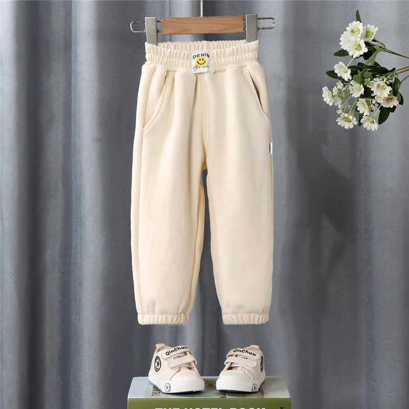 Winter Boys Thick Pants Kids Plus Velvet Warm Trousers Children Padded Cotton Long Pants Autumn Casual Sports Pants 2-12Y White 1