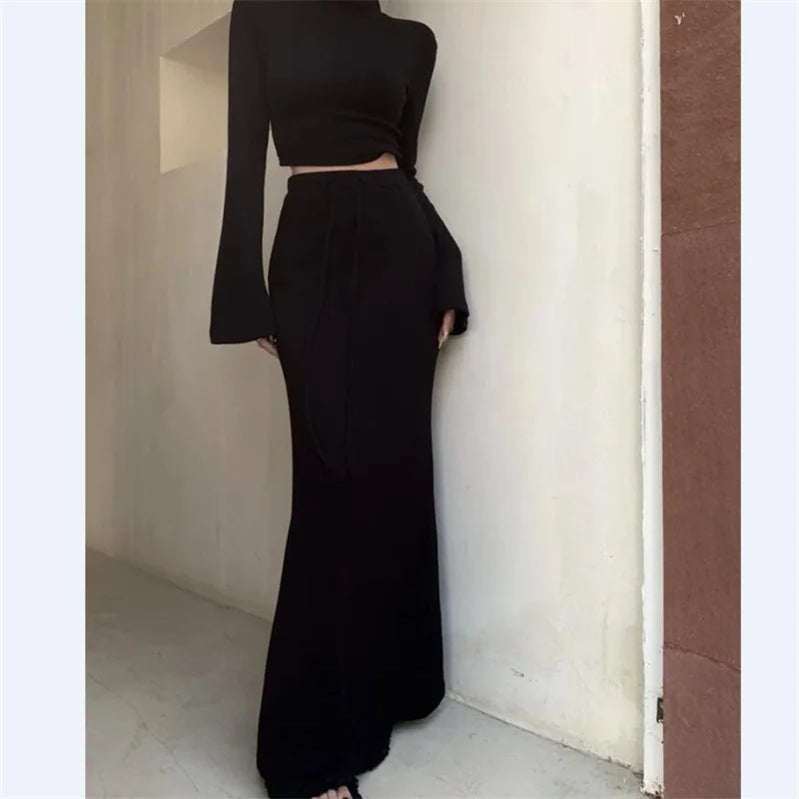 New Year's Red Robe Retro Women Girl Half High Neck Top and High Waist Long Skirt Two Piece Set Autumn Dress Sets black