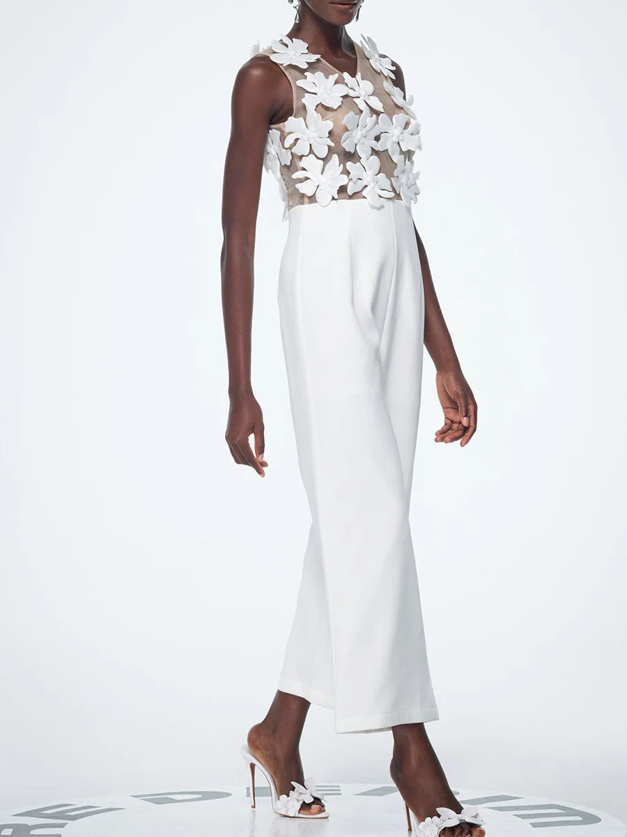 TWOTWINSTYLE Solid Slimming Spliced Appliques Jumpsuits for Women V Neck Sleeveless High Waist Elegant Jumpsuit Female Fashion