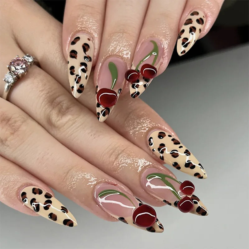 24Pcs Long Stiletto Press on Nails Simple French Leopard Print Design False Nails Reusable Artificial Full Cover Fake Nails Tips