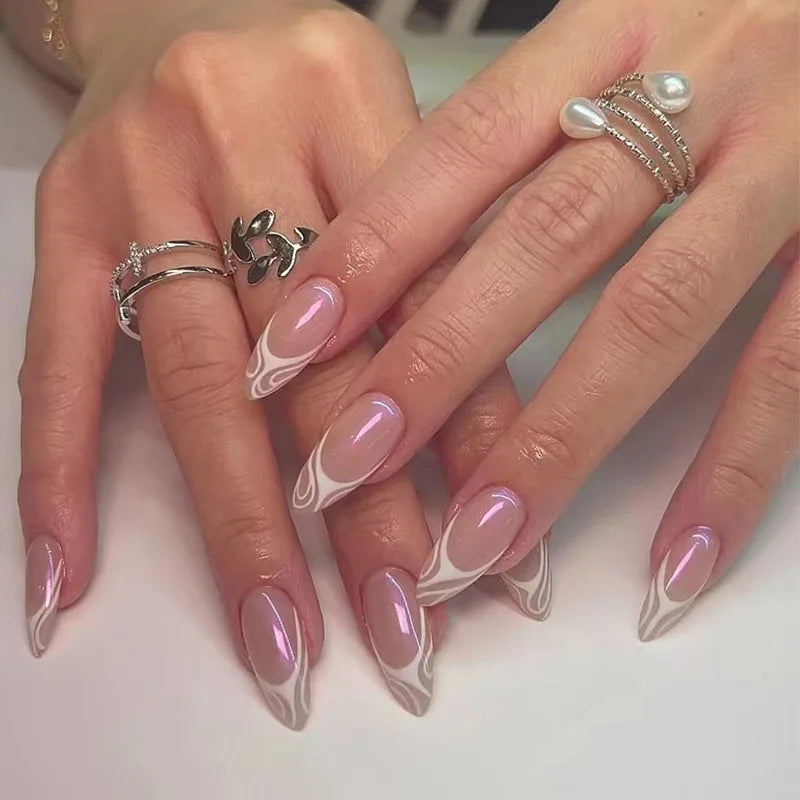 24Pcs Purple Press on Nails Almond White French Fake Nails DIY Artificial Nails Tips for Women Wearable Nail Accessories 2025