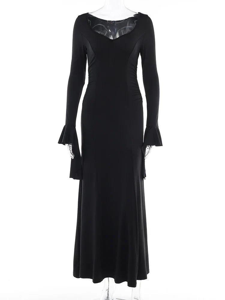 Halloween Cos Morticia Elegant Gothic Dress for Women Adams Family Inspired Wednesday Slim Summer Mermaid black