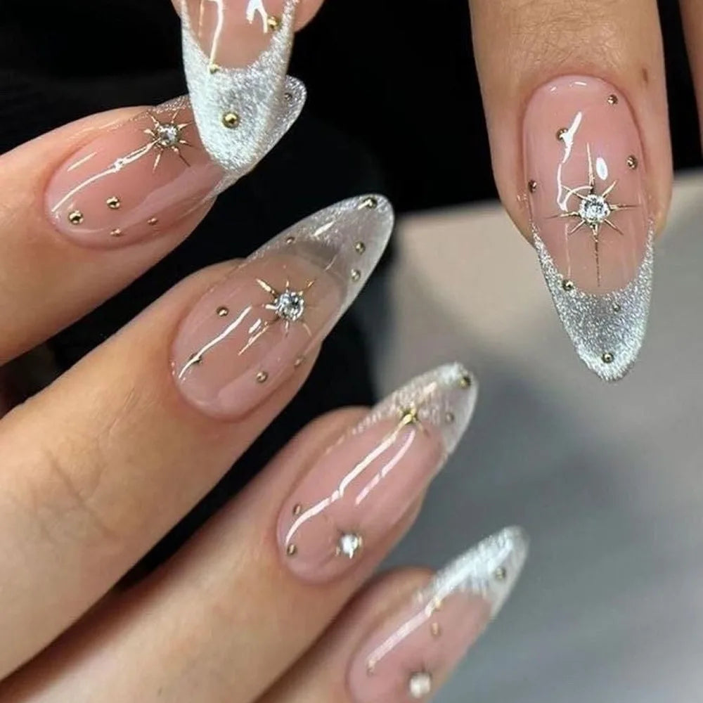 24Pcs Purple French press on nails with 3D broken diamond wearable mid-length almond fake nail tips round head false nails