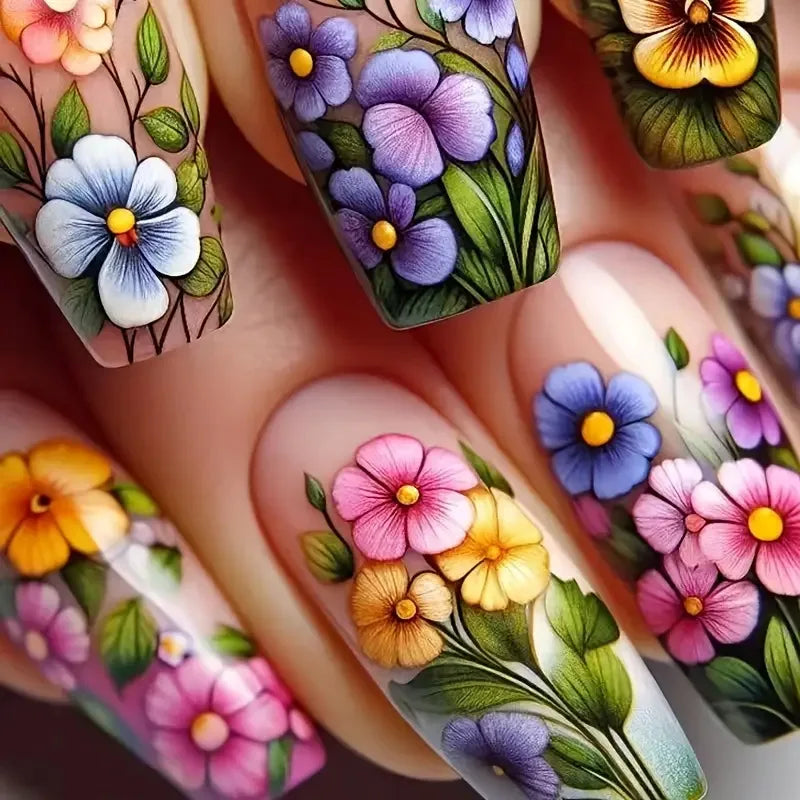 24Pcs Mid-length Ballet Fake Nails Pink Gradient with Spring Flower Sea Design Wearable Press on Nails Acrylic Nail Tip Manicure